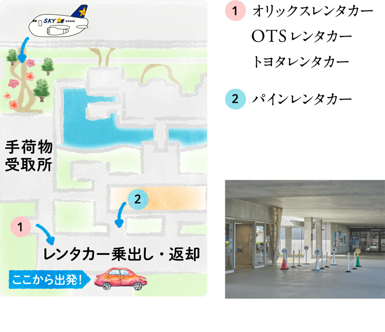 レンタカー受付カウンター 乗出し・返却場所案内